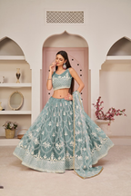 Eilara Women'S Ocean Blue Butterfly Net White Cotton Thread And Zari Sequence Embroidered Work Lehenga Choli For Wedding | Grocsy