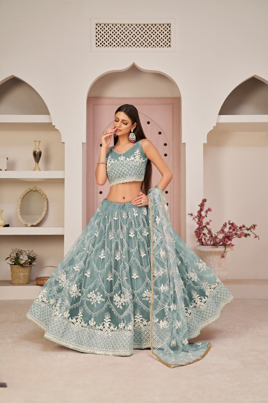 Eilara Women'S Ocean Blue Butterfly Net White Cotton Thread And Zari Sequence Embroidered Work Lehenga Choli For Wedding | Grocsy