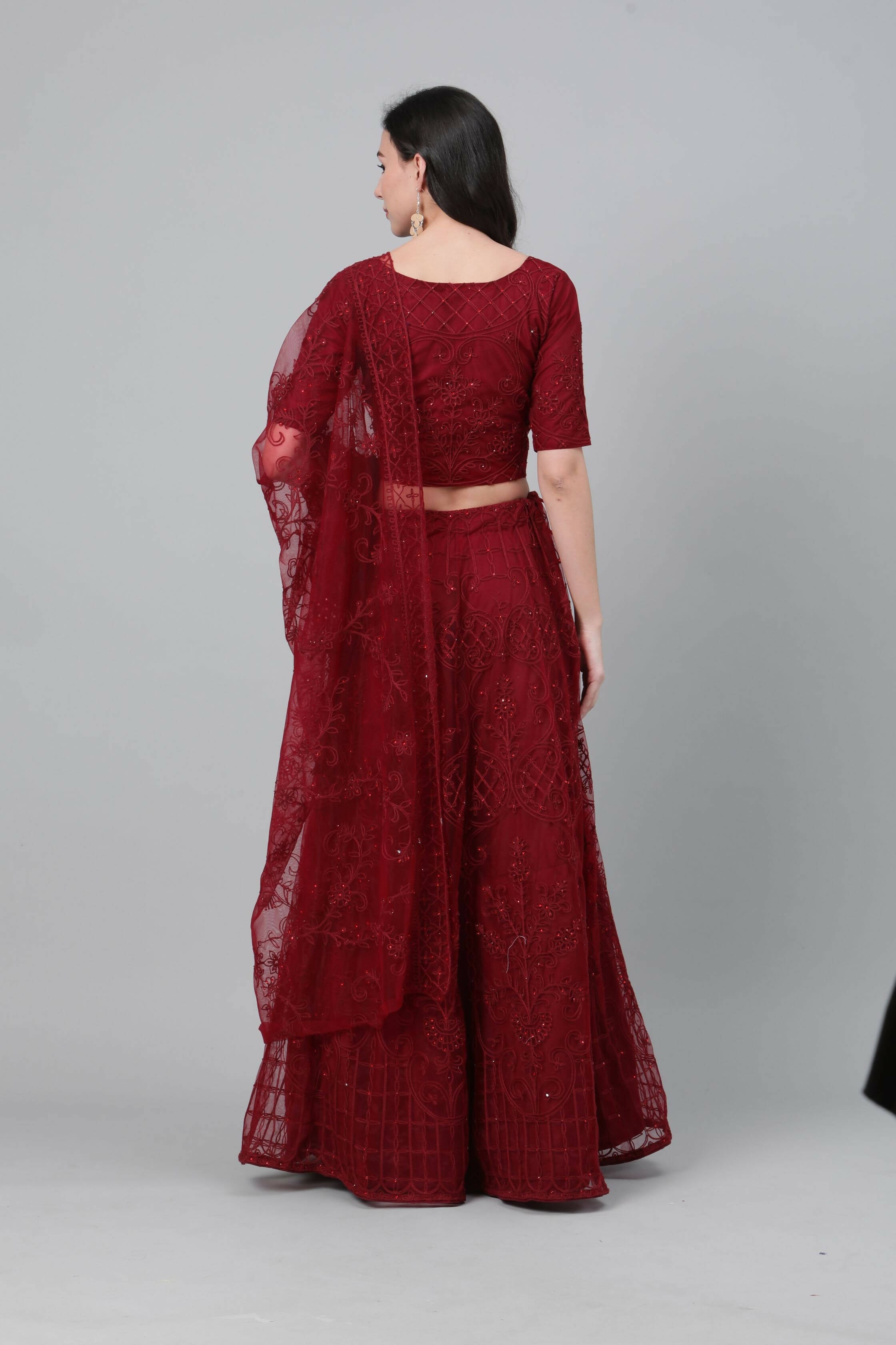 Maroon Net Thread embroidery with stone work Lehenga Choli with Dupatta - Jivika | Grocsy