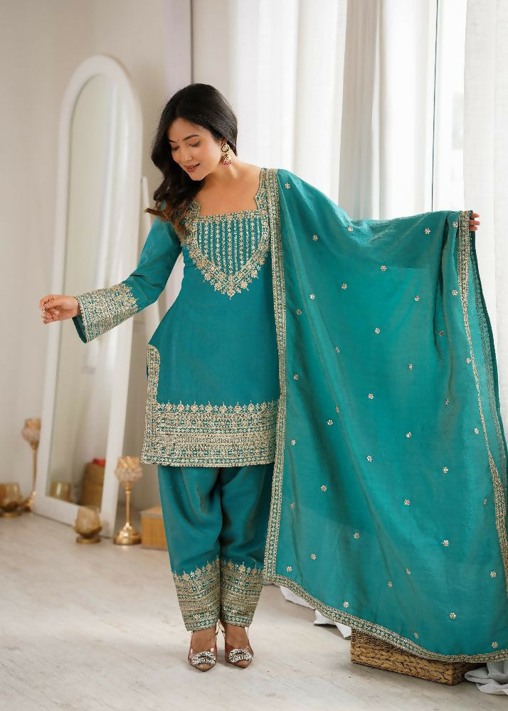 Teeya Creation Designer Rama Green Embroidered Kurta Afghani Pant Set For Festivals | Grocsy