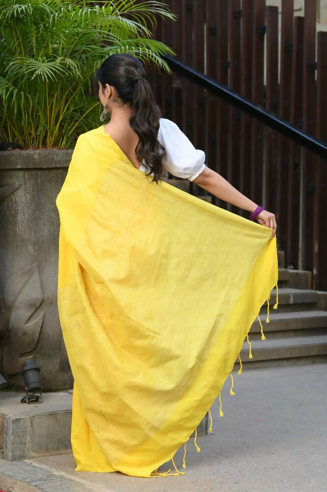 Beatitude Yellow Cotton Ghicha Pallu Saree | Grocsy