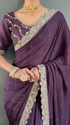 Vastranavya Purple Georgette Silk Swarovski & Heavy Lace Work Ready to Wear Saree | Grocsy