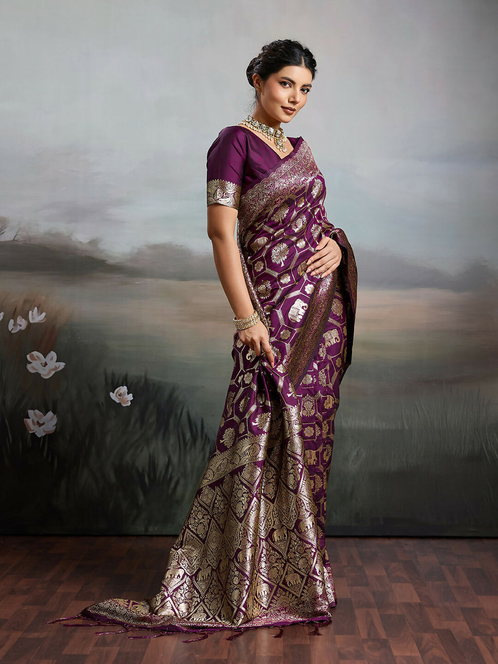 Shree Shyam Fashion Wine Silk Blend Saree | Grocsy