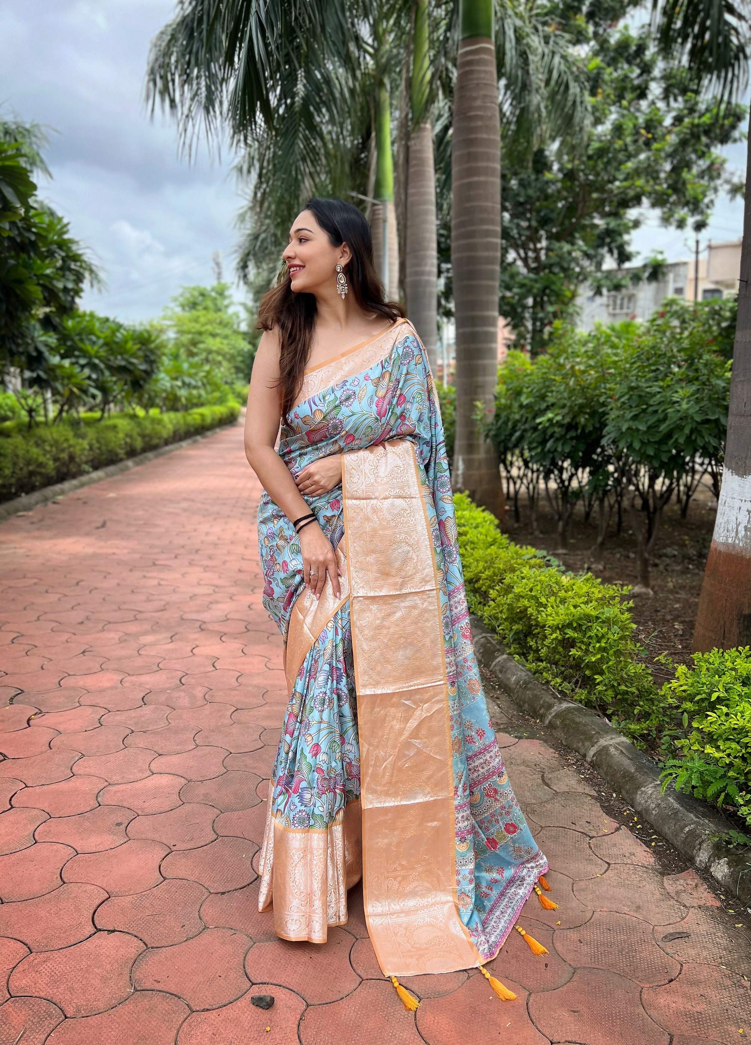 Vamsee Bhavi Mustard Tussar Dola Satin Silk Saree | Grocsy