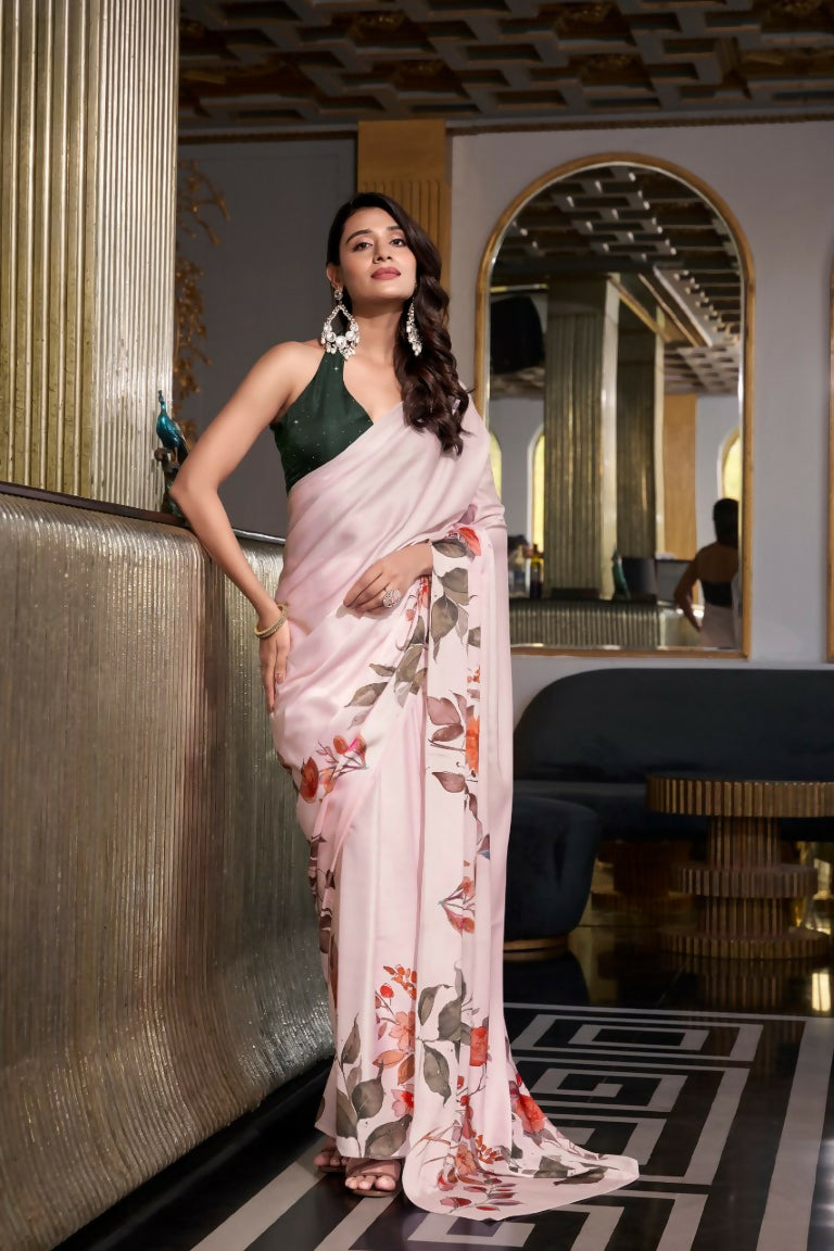 Vastranavya Off White Satin Silk Printed Saree with Hotfix Work Unstitched Blouse | Grocsy