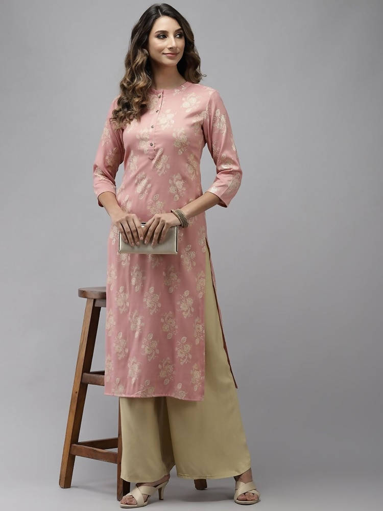 Yufta Women Pink Floral Printed Pastels Cotton Kurta | Grocsy