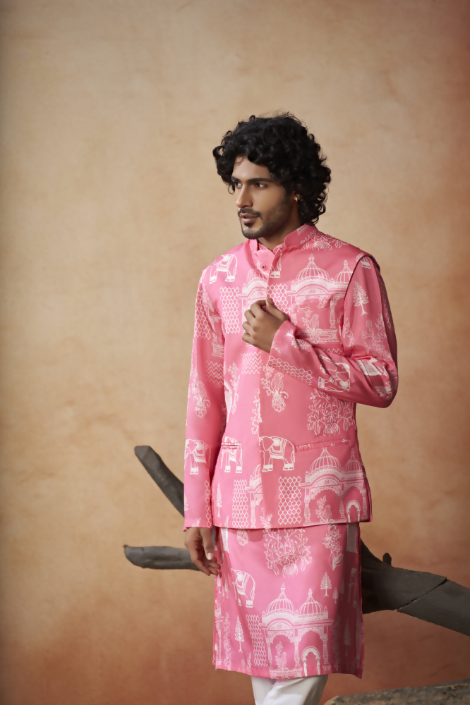 Botanical Architecture Traditional Printed Silk Nehru Jacket Set by Hilo Design | Grocsy