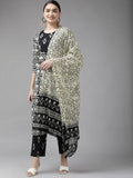 Yufta Black & Off-White Ethnic Screen Print Cotton Straight Kurta Palazzo & Dupatta | Grocsy