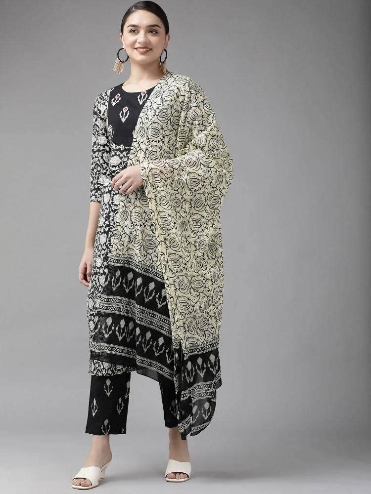 Yufta Black & Off-White Ethnic Screen Print Cotton Straight Kurta Palazzo & Dupatta | Grocsy