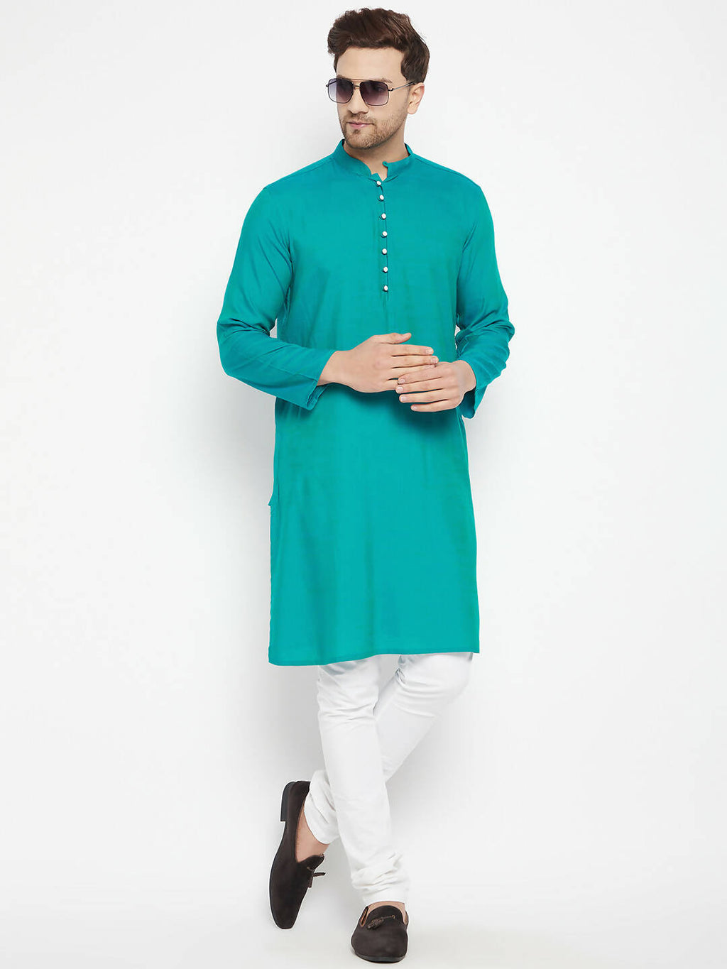 Even Apparels Green Viscose Long Men's Kurta With Band Collar | Grocsy