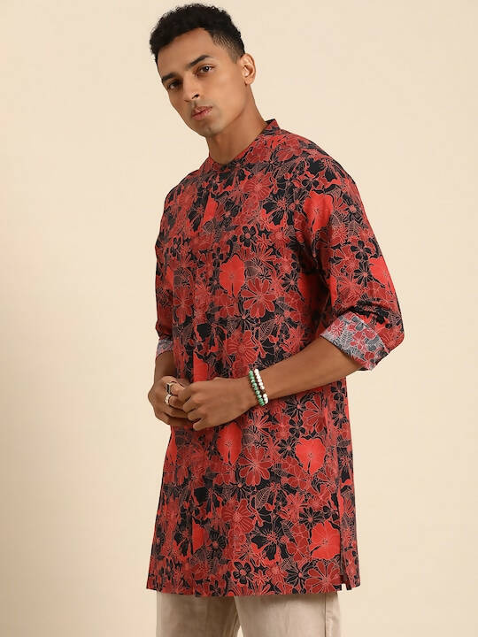 Red & Black Men pure Cotton Floral Printed Straight Kurta - Mahotsav | Grocsy