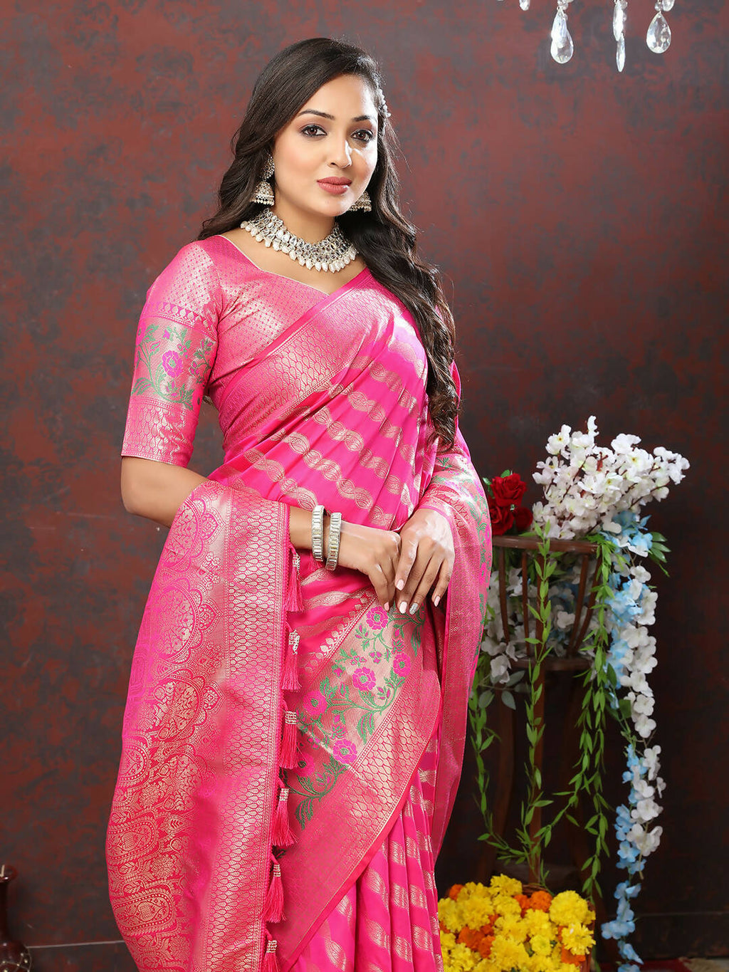 Lorenvalley Fashion Pink Soft Silk Woven Design with Zari Weaving Leheriya Design Saree | Grocsy