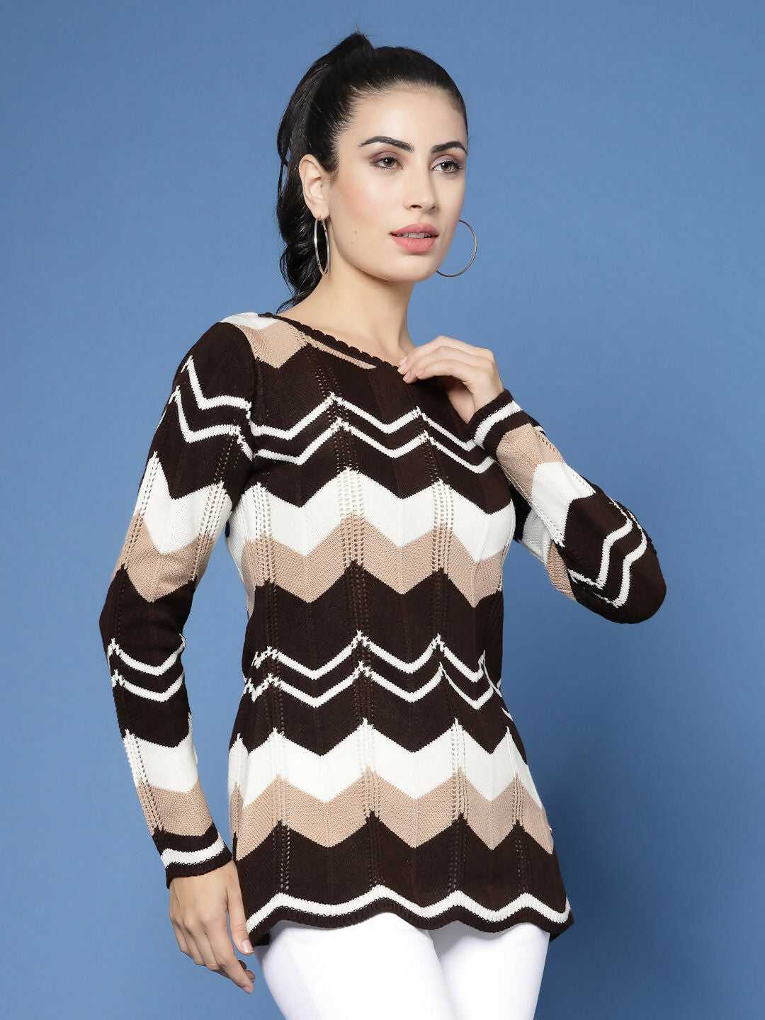 Women Self Design Brown Acrylic Winter Sweater - Wool Trees | Grocsy