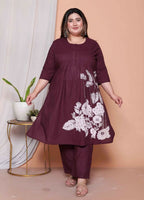 Miravan Womens Plus Size Wine Floral Kurta With Palazzo And Dupatta Set | Grocsy