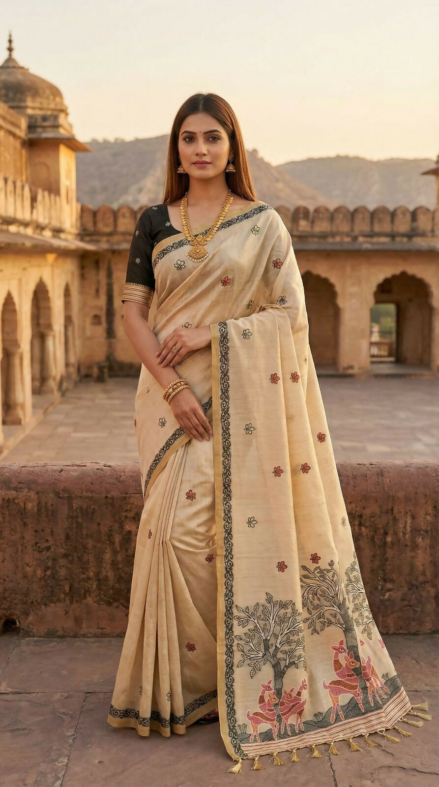 Vastranavya Cream Muga Cotton Meenakari & Azarakh Pallu Saree with Contrast Blouse | Grocsy