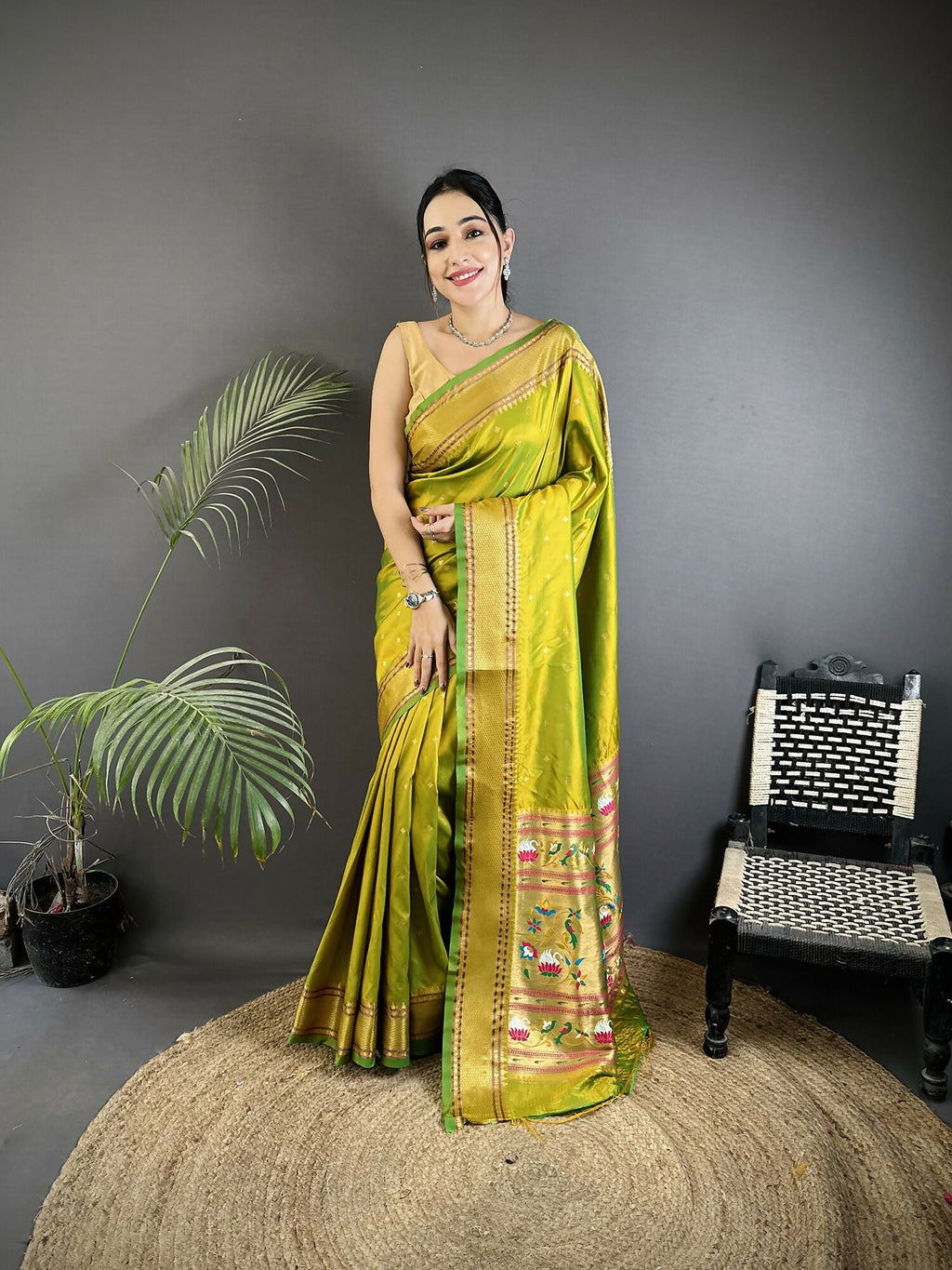 Joban Fashion Lime Green Butti Woven Soft Lichi Silk Paithani Saree | Grocsy