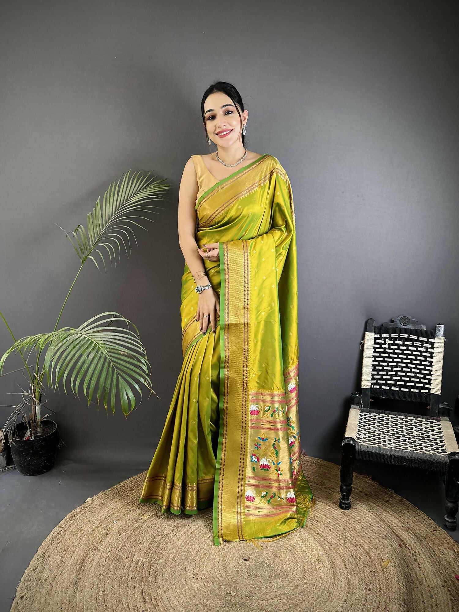 Joban Fashion Lime Green Butti Woven Soft Lichi Silk Paithani Saree | Grocsy
