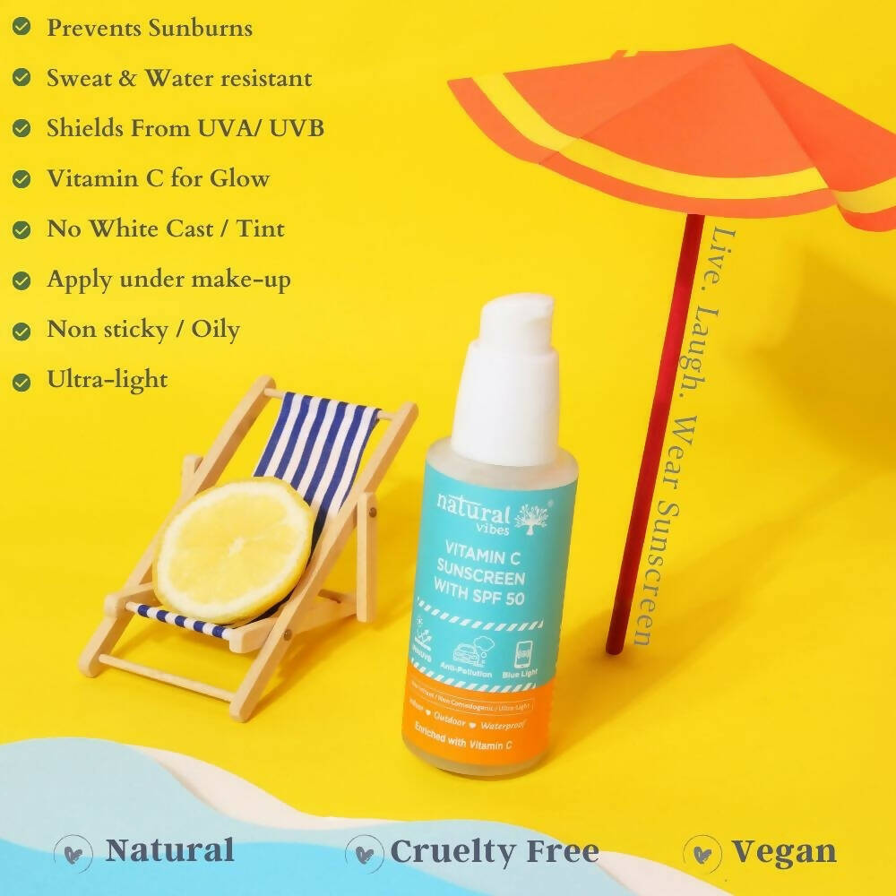 Natural Vibes Vitamin C Sunscreen SPF 50 + - UVA/UVB rays, Blue Light & Pollution Protection | Grocsy