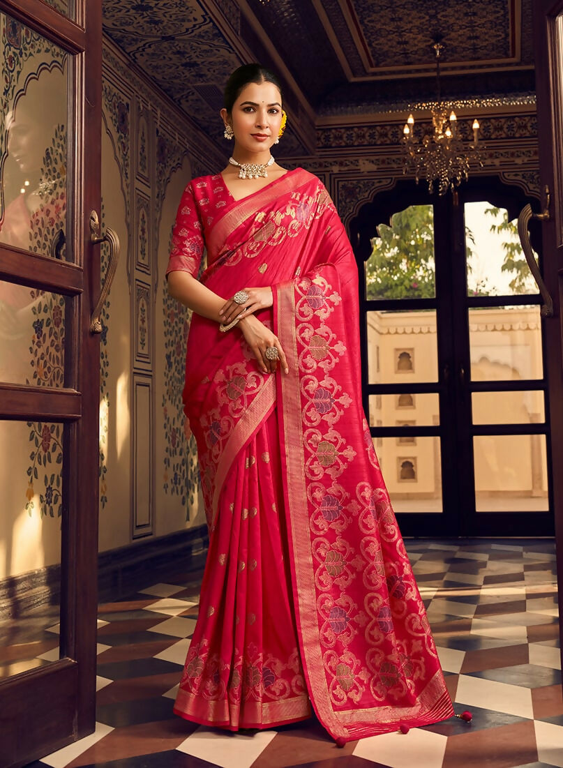 Monjolika Fashion Rani Pink Silk Blend Banarasi Zari Work Classic Saree | Grocsy