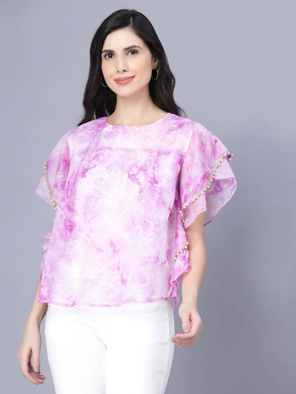 Myshka Organza Printed Short Sleeve Round Pink Women Top | Grocsy