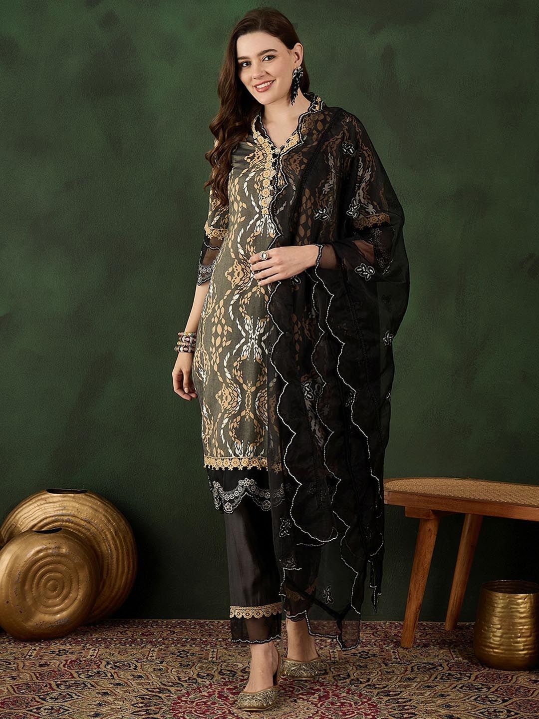 Sangria Printed Straight Kurta, Trouser & Dupatta Set | Grocsy