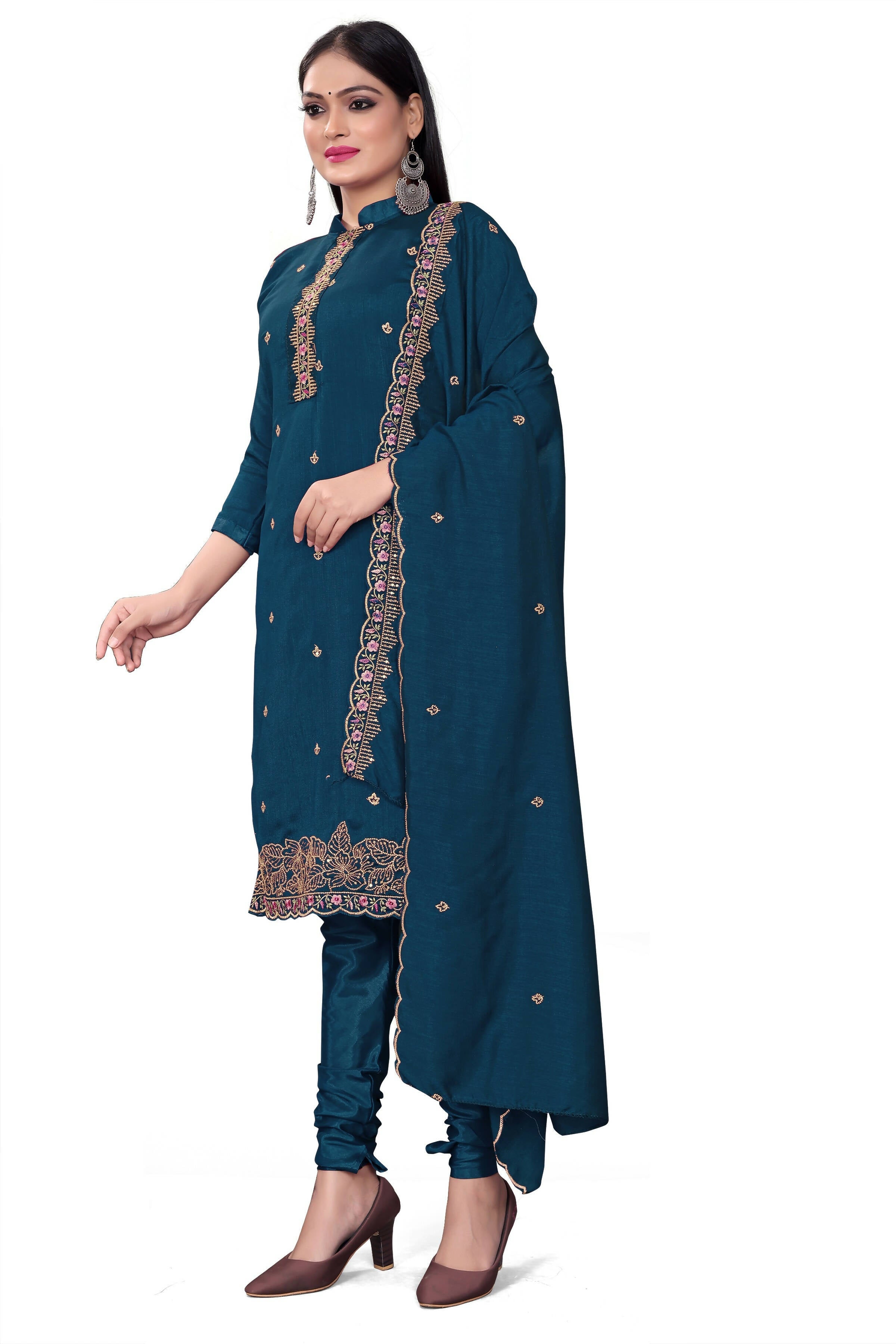 Blue Silk Embroidered with Sequins work Unstitched Dress Material - Tanvi | Grocsy