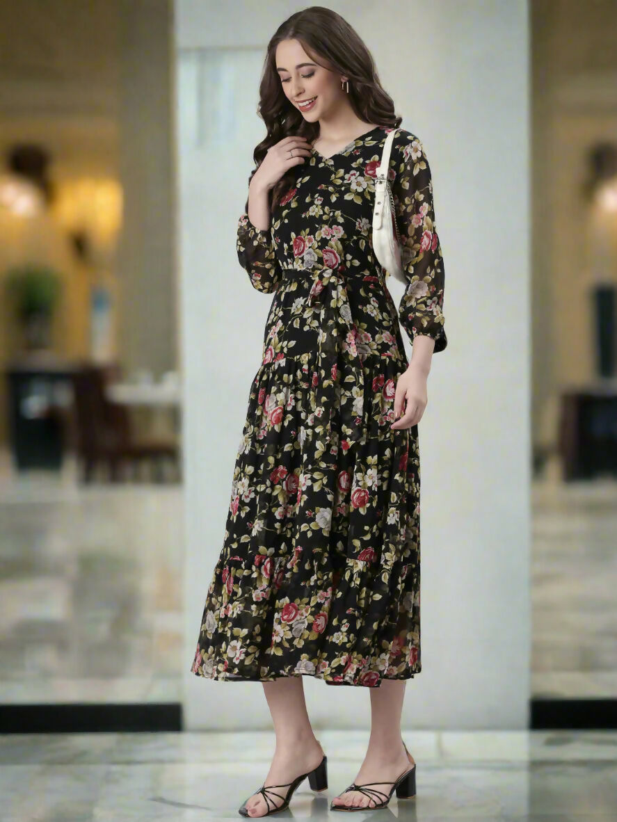 Souchii Black Floral Chiffon Dress | Grocsy