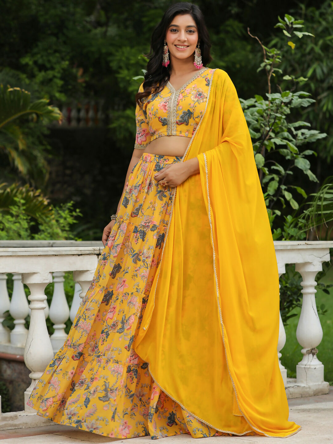 Janasya Yellow Georgette Floral Lehenga Choli Dupatta | Grocsy
