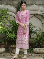 Indian Clothing Cheera Embellished Daily Wear Cotton Blend Kurta - Baby Pink | Grocsy
