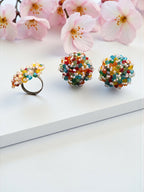 Inhanns Rangmani Crystal Duo – Adjustable Ring + Statement Earrings Set - Multicolor 2 | Grocsy