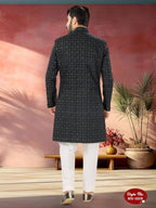 Joban Fashion Men's Blue Base Straight Velvet Thread And Sequence Embroidary All Over Indo-Western Kurta Set | Grocsy