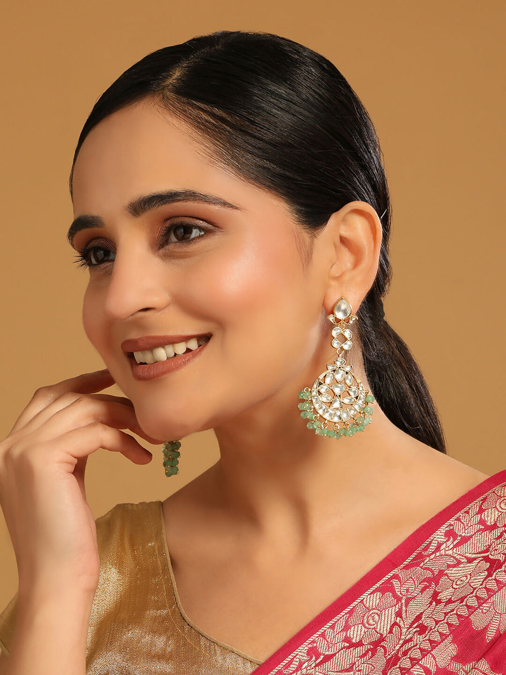 Nuyug 22K Gold Plated Regal Green Kundan Chandbali Earrings | Grocsy