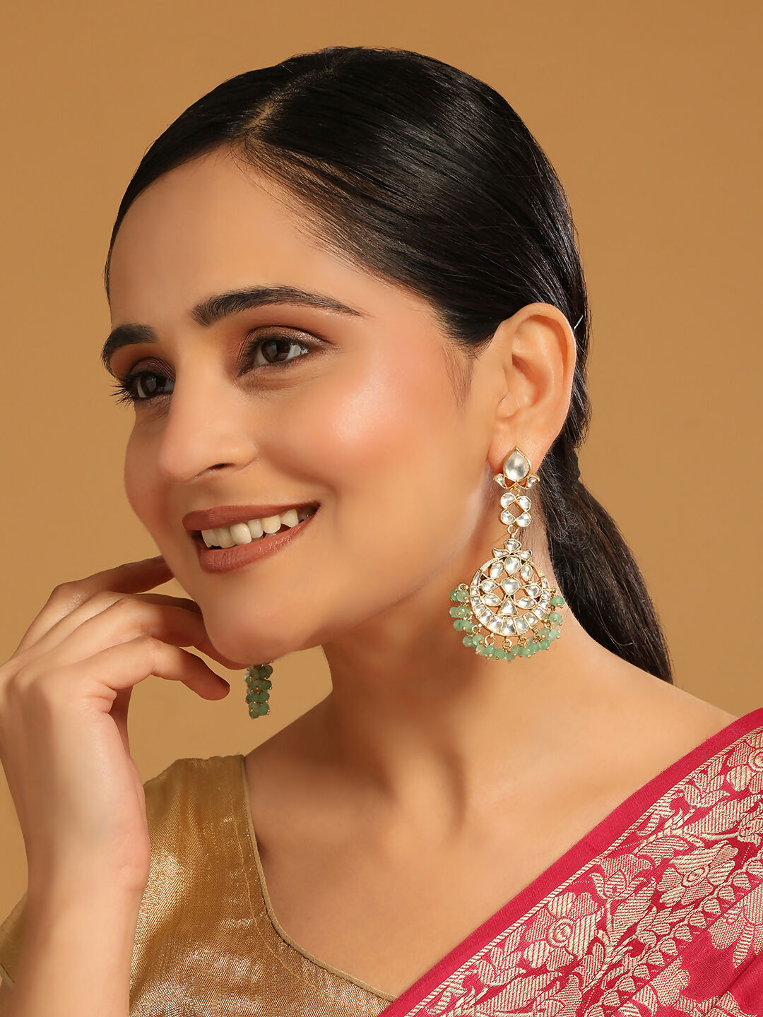 Nuyug 22K Gold Plated Regal Green Kundan Chandbali Earrings | Grocsy