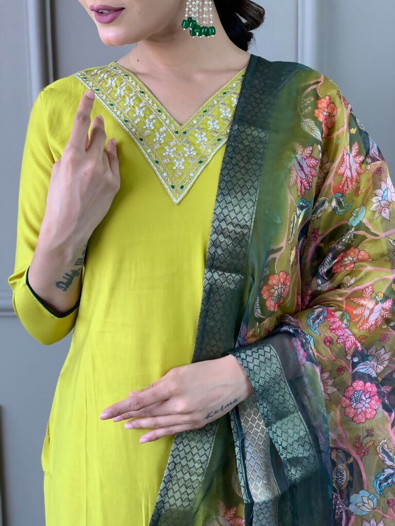 Partywear Designer Lemon Yellow Viscos Chanderi Stitched Suit With Dupatta - Tanisha | Grocsy