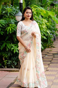 Offwhite Pure Linen Ethnic Motifs Saree with Unstitched Blouse - A2M | Grocsy