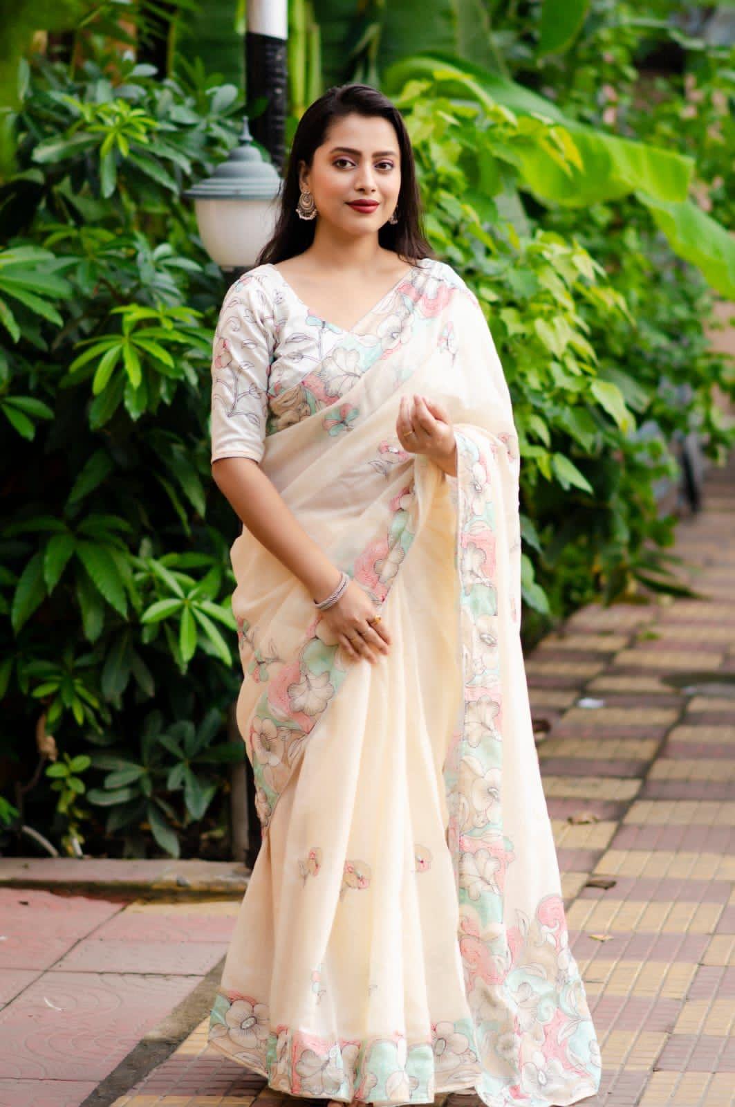 Offwhite Pure Linen Ethnic Motifs Saree with Unstitched Blouse - A2M | Grocsy