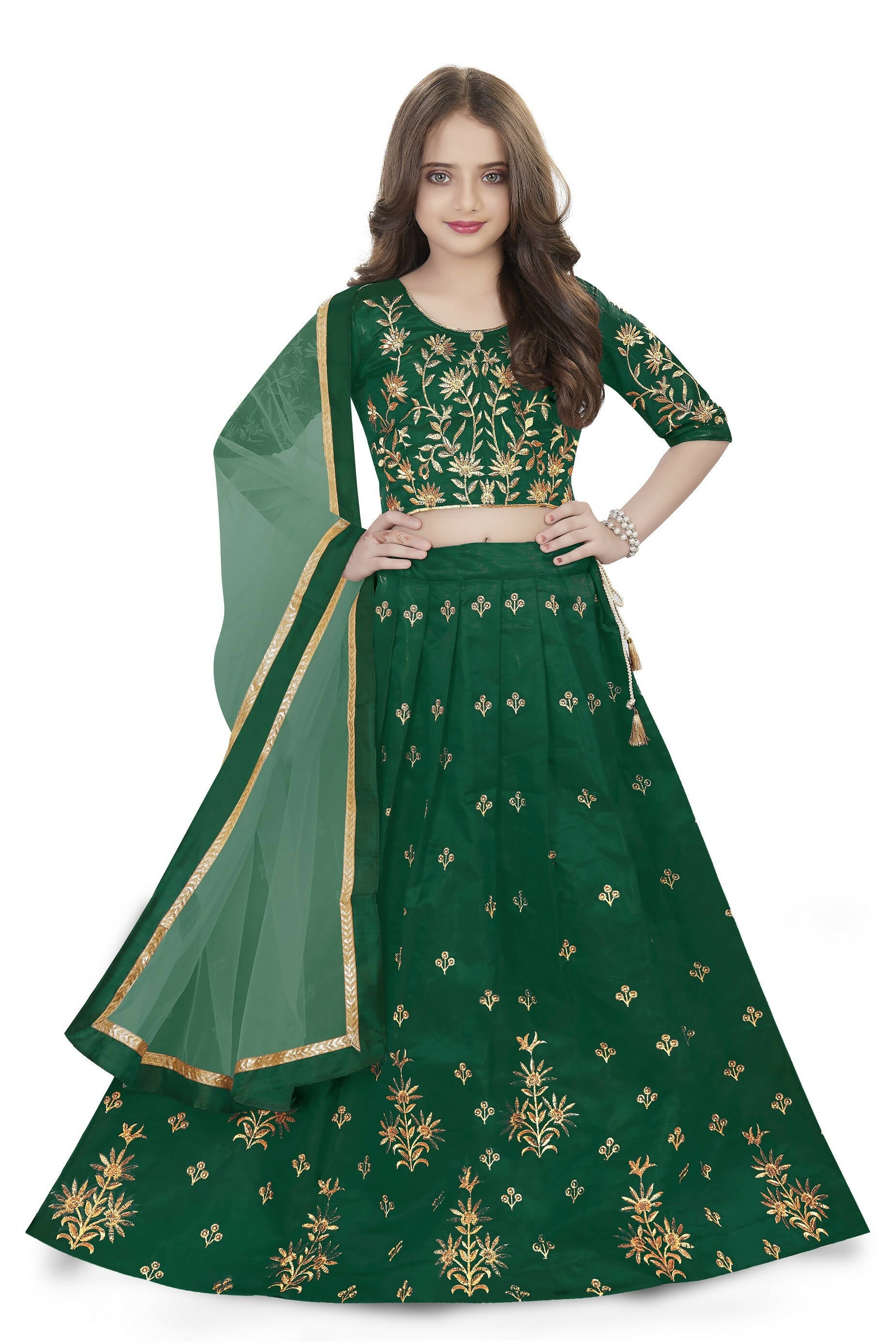 Dwiden Green Rohini Tafetta Sattin Semi-Stitched Girl's Lehenga Choli | Grocsy