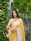 Vamsee Palak Saavi Yellow Organza Saree | Grocsy