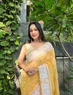 Vamsee Palak Saavi Yellow Organza Saree | Grocsy