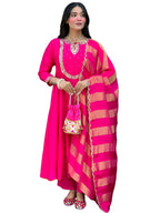 The52 Rani Women's Gorgeous Embroidered Work Chanderi Fabric Flared Kurta Pant and Dupatta Set | Grocsy