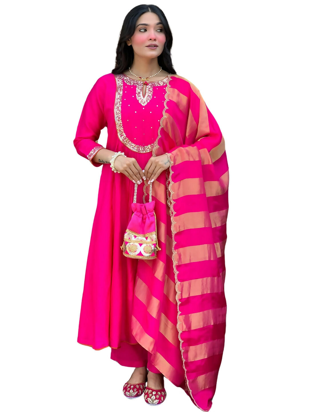 The52 Rani Women's Gorgeous Embroidered Work Chanderi Fabric Flared Kurta Pant and Dupatta Set | Grocsy