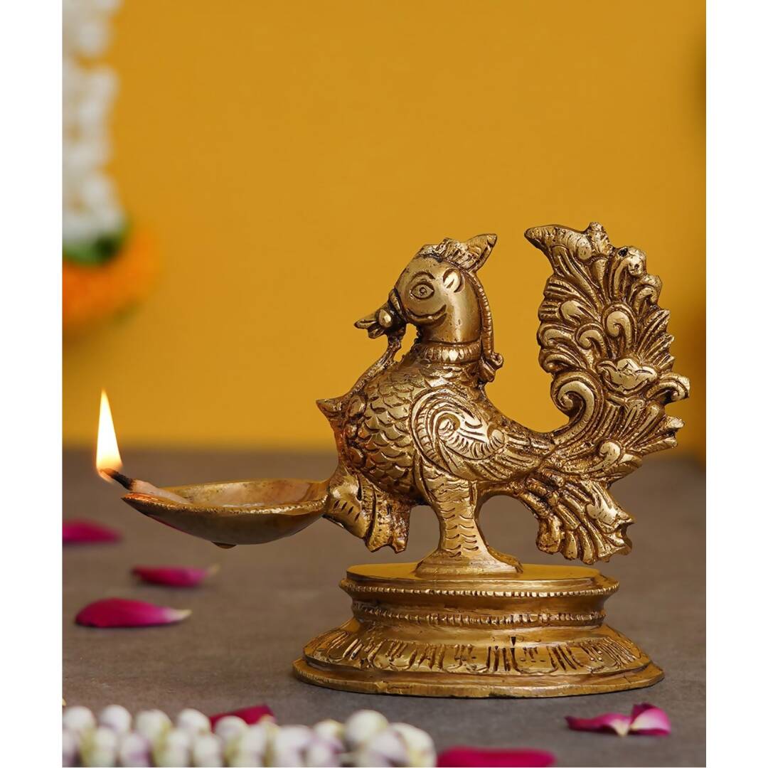eCraftIndia Gold-Toned Peacock Brass Diya Stand | Grocsy