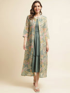 Green Cotton Solid Flared Dress with Printed Shrug - Yukti | Grocsy