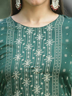 Juniper Green Mono Viscose Festive Wear Printed Straight Kurta Sharara Dupatta Set | Grocsy