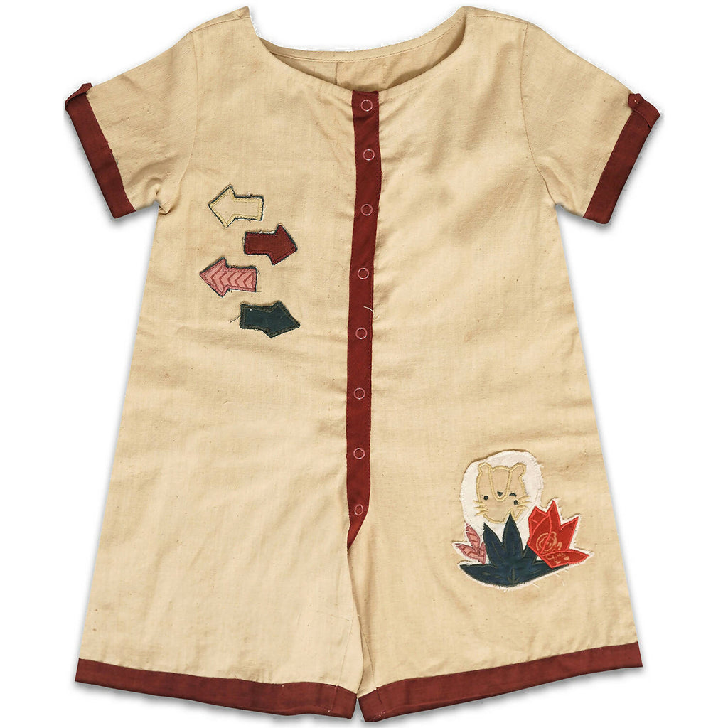 Mhyssa Beige and Maroon Round Neck Short Romper For Kids | Grocsy