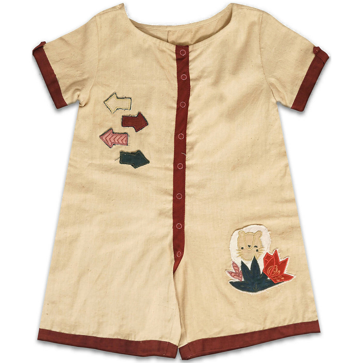 Mhyssa Beige and Maroon Round Neck Short Romper For Kids | Grocsy