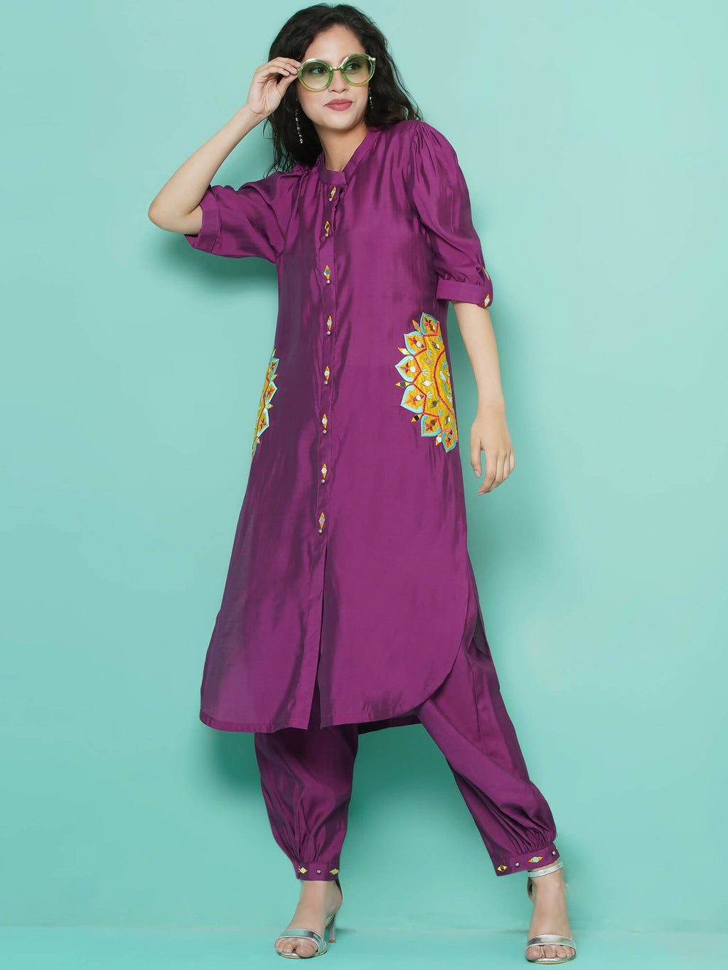 Women Republic Purple Art Silk Embroidered Kurta with Afghani Salwar | Grocsy