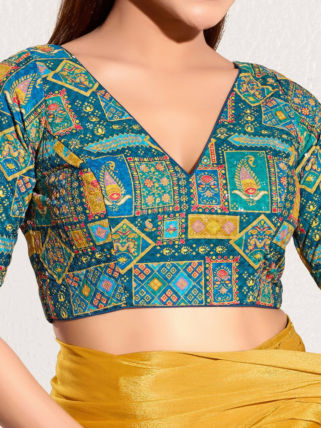 Joban Fashion Fire Blue Viscose Rayon Padded Blouse With V Neck Elbow Sleeves | Grocsy