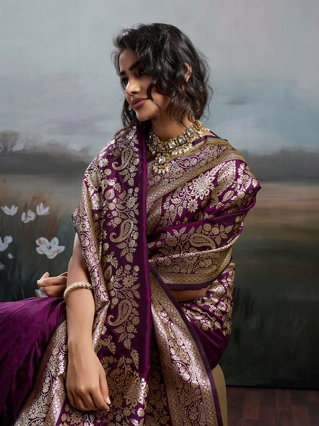 Shree Shyam Fashion Wine Silk Blend Saree | Grocsy