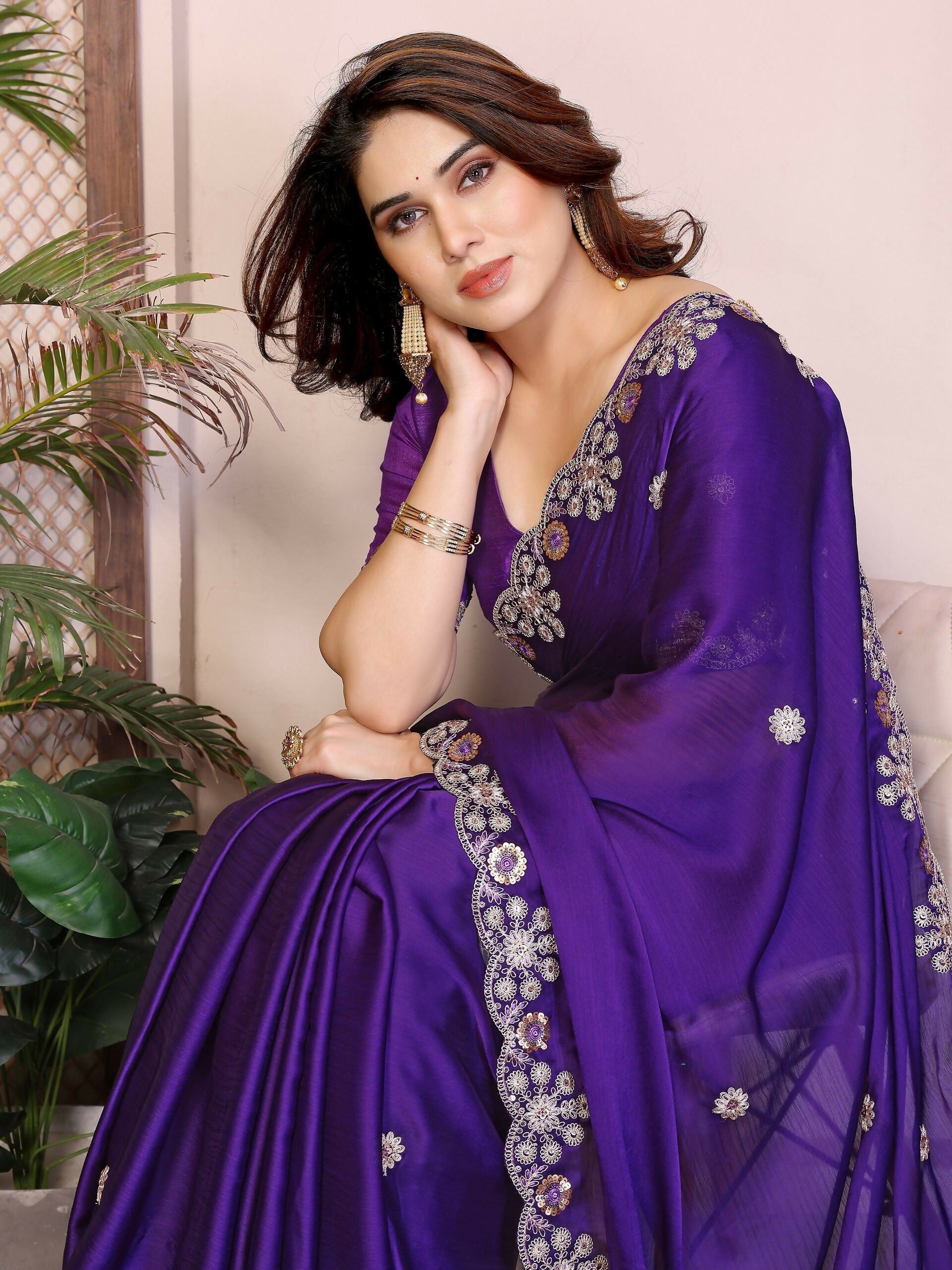 Teeya Creation New Trendy Party Wear Soft Satin Chiffon Saree-Purple | Grocsy